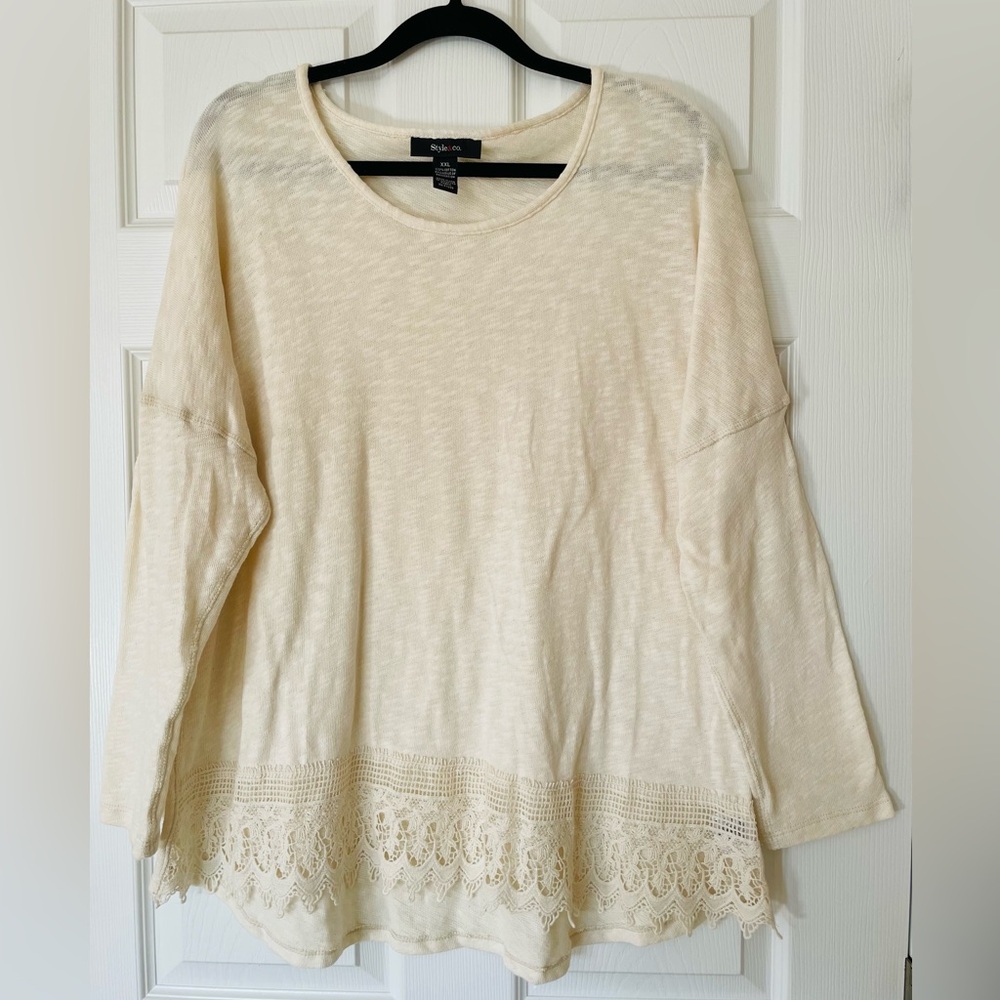 EUC 🤍 Style & Co Lace Trim Tunic Sweater Soft Neutral Cozy Knit
